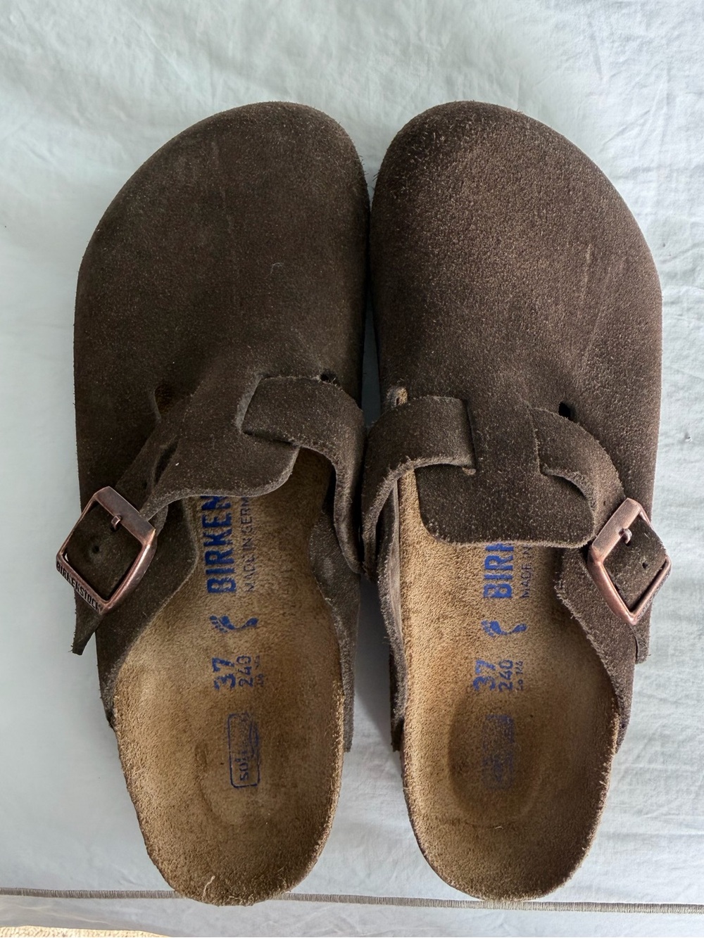 Birkenstock Brown Suede Clogs with Copper Buckles